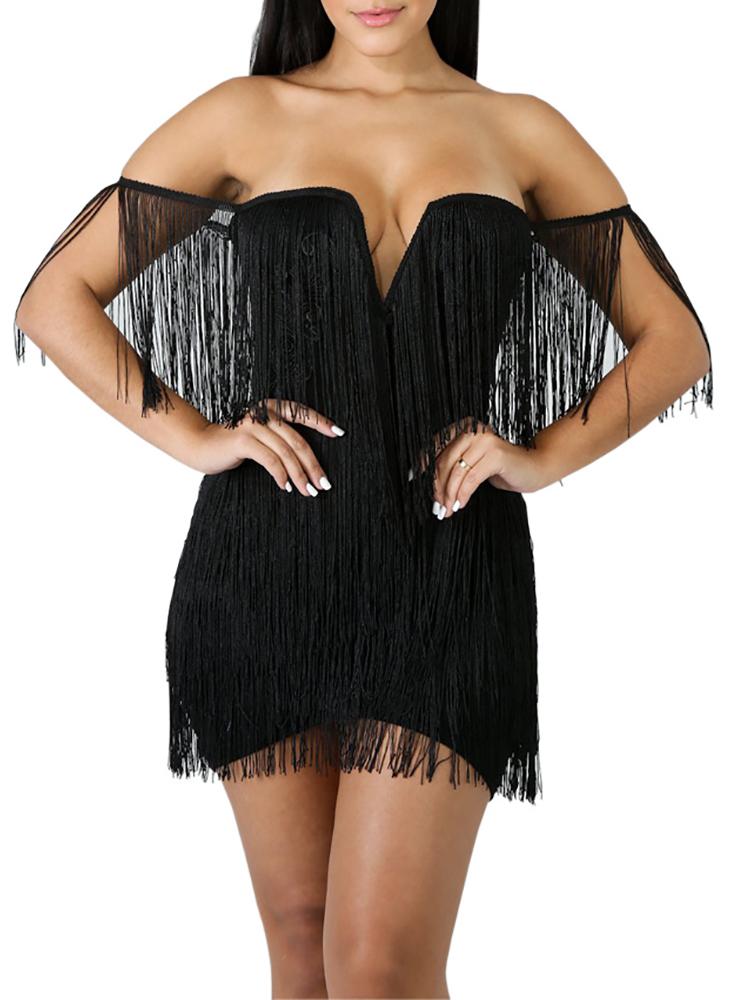 

Tassel Detail Off Shoulder Party Dress, Black