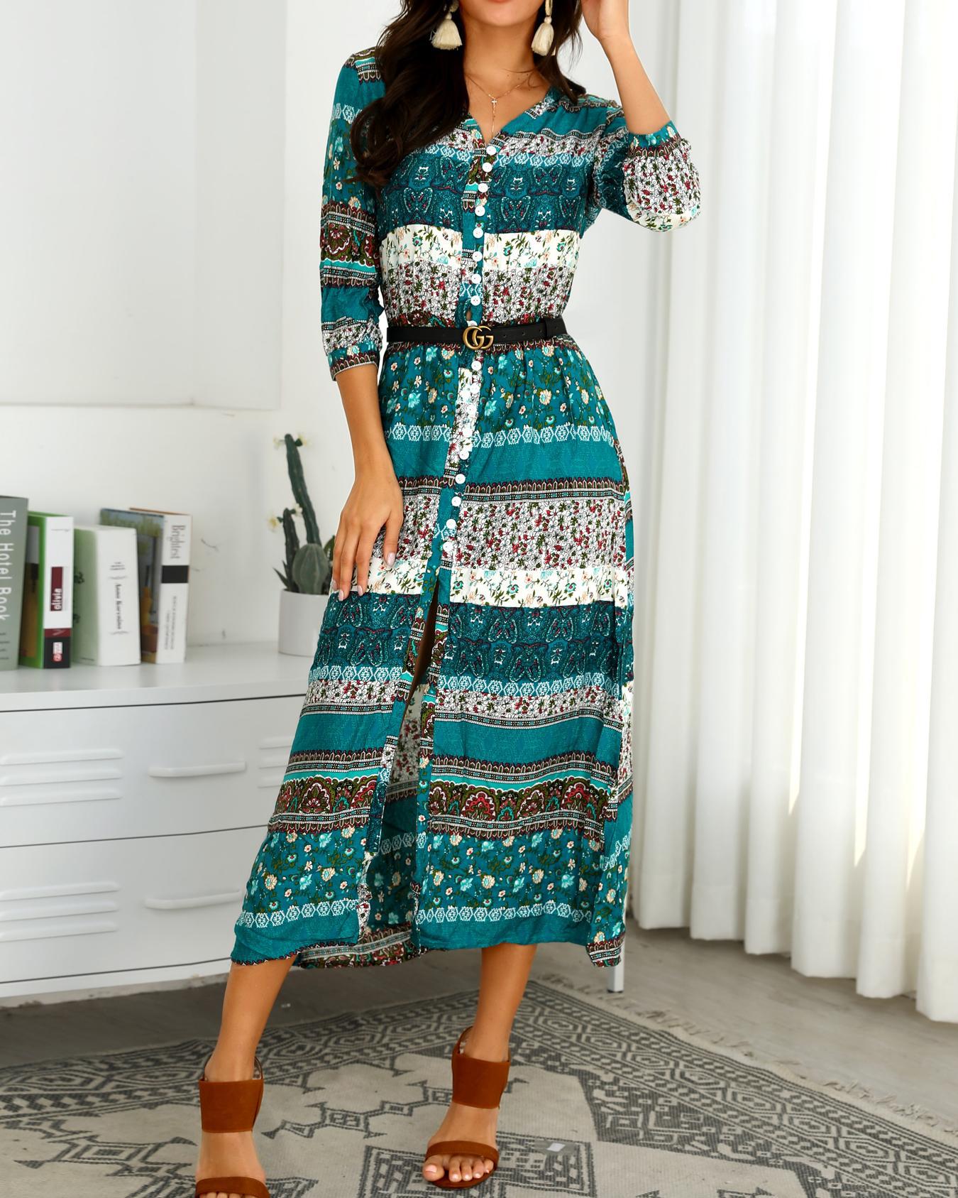 

Ethnic Print Button Through Maxi Dress, Green