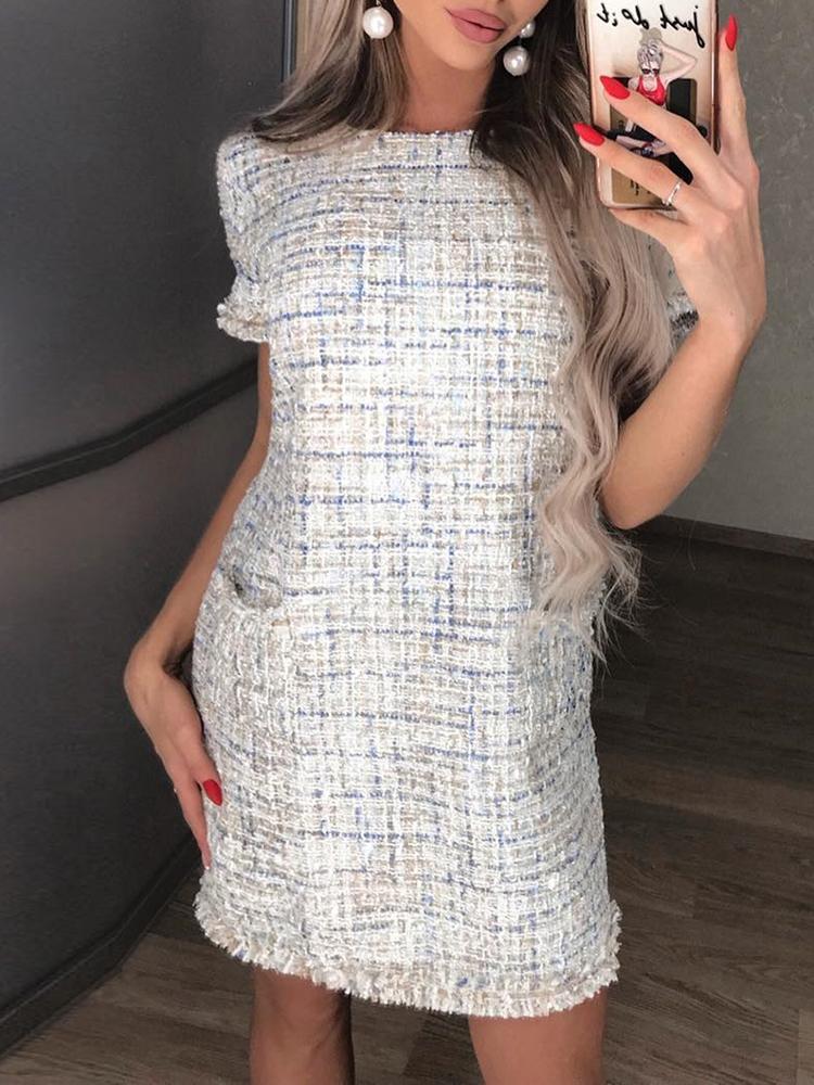 

Pocket Design Short Sleeve Tweed Dress, White