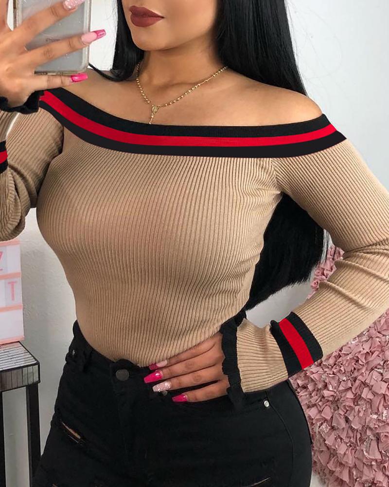 

Striped Tape Insert Off Shoulder Ribbed Frill Cuff Blouse