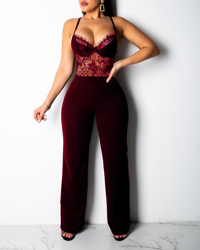 

Eyelash Lace Bodice Jumpsuit, Wine red