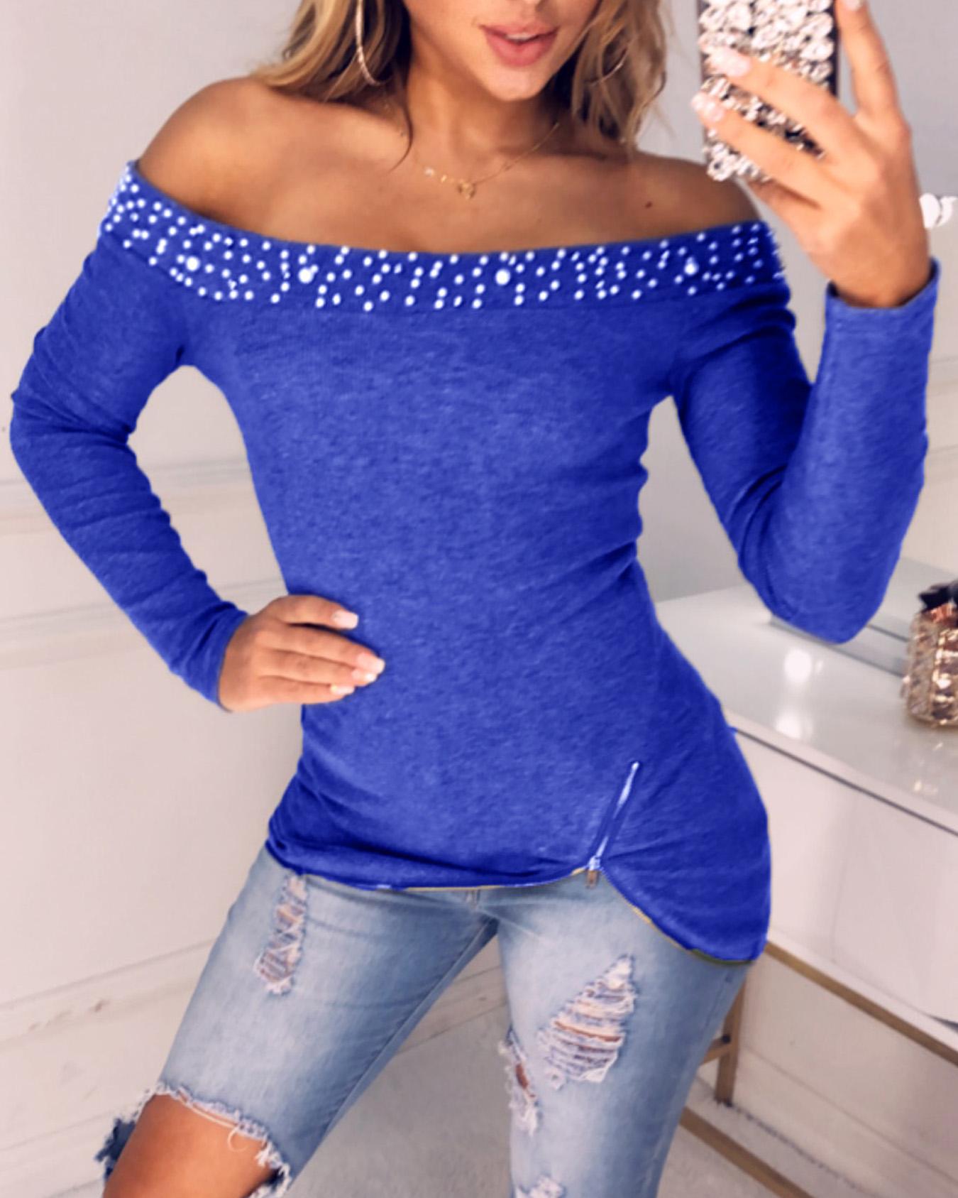 

Off Shoulder Beaded & Zipper Design Top, Blue