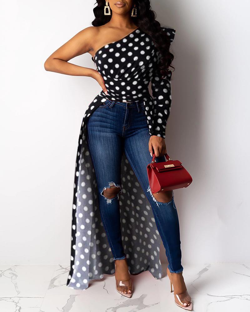 

One Shoulder Polka Dot Puff Sleeve Dip Hem Longline Blouse, Black