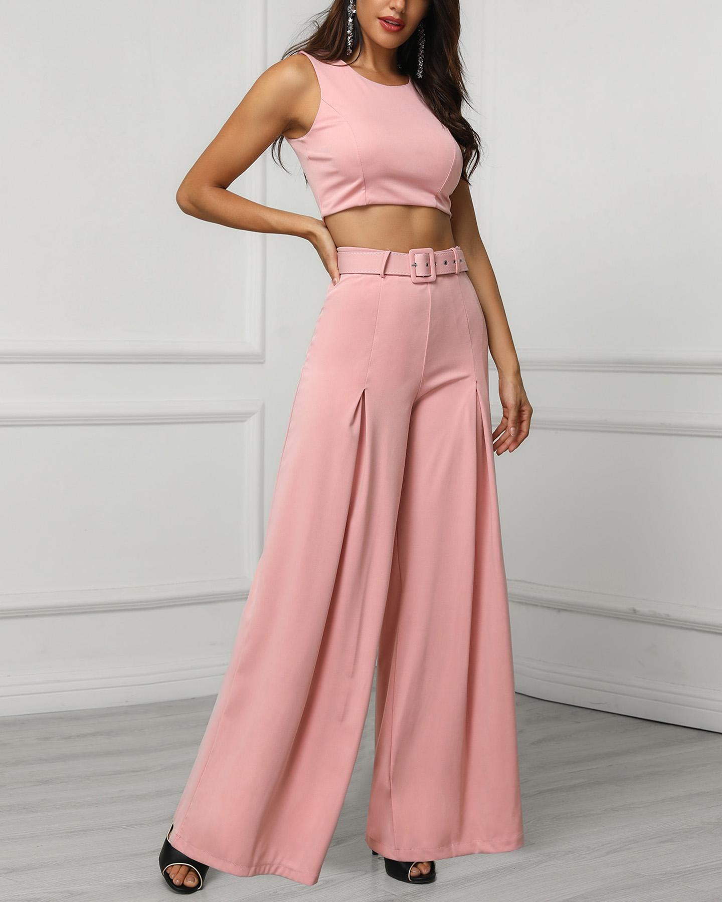 

Solid Crop Top & Self-belt Wide Leg Pant Sets, Light pink