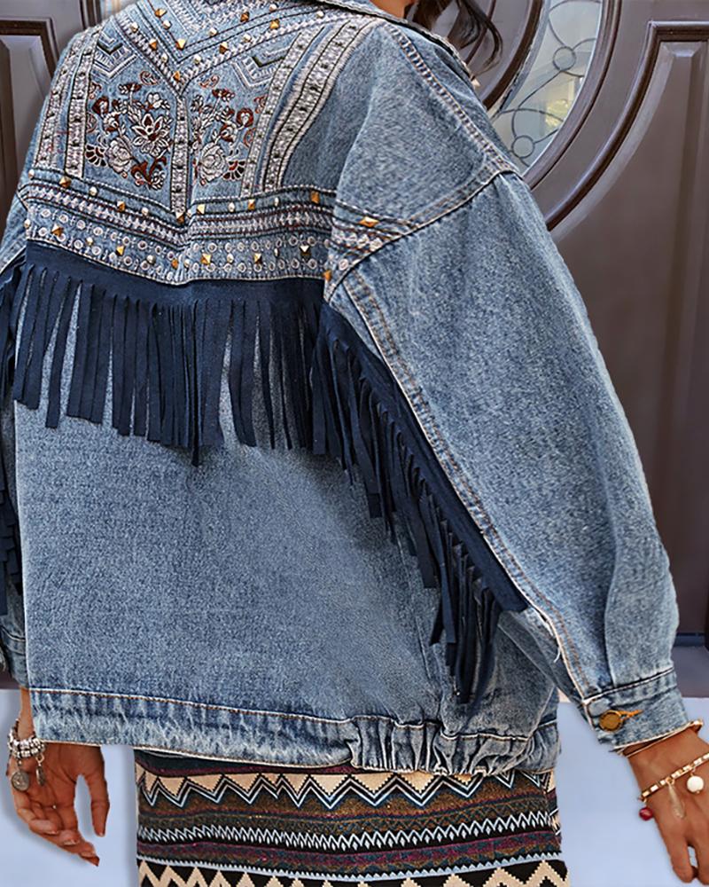 

Floral Pattern Rivet Tassel Design Denim Coat, Blue