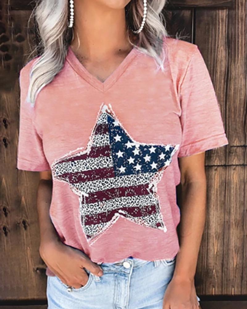 

Star Flag Print Short Sleeve Casual T-shirt, Pink