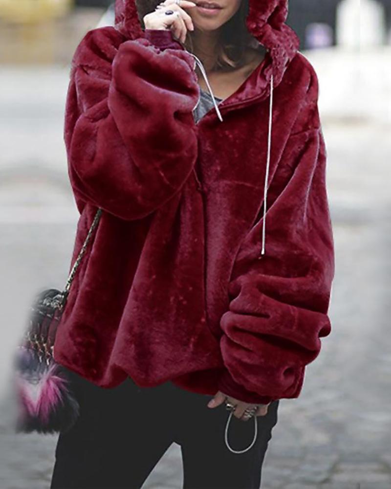 

Solid Hooded Drawstring Fluffy Sweatshirt, Wine red