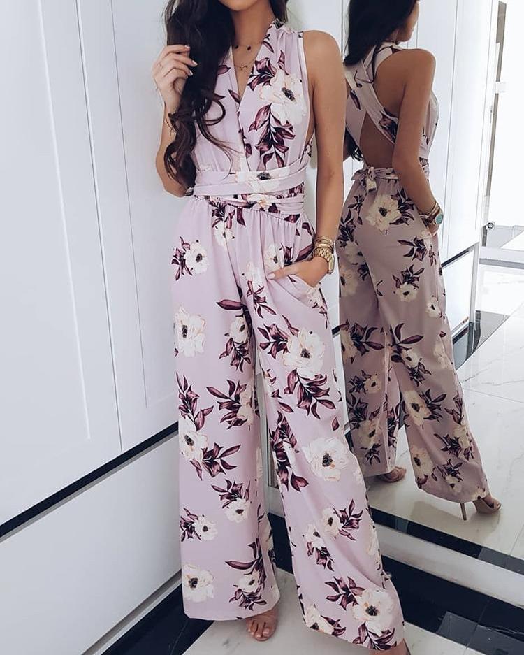 

Floral Plunge Crisscross Wide Leg Jumpsuit, Light purple