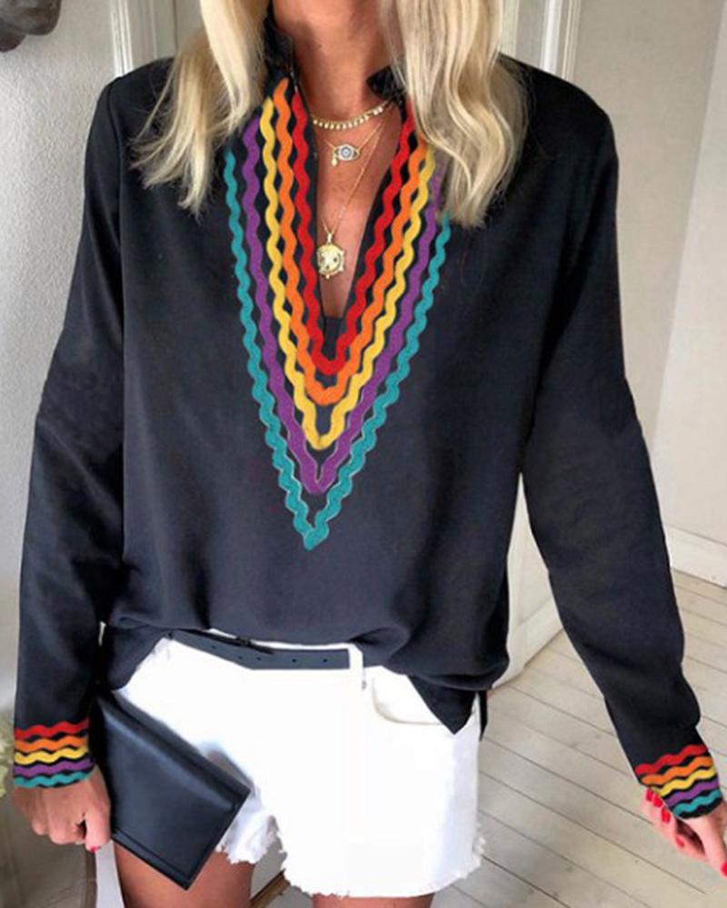 

Ethnic Colorblock Long Sleeve Casual Blouse, Black