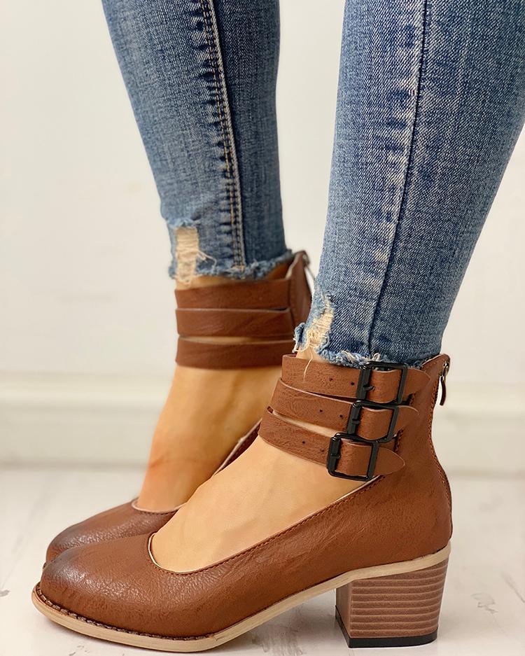 

Ankle Buckled Zipper Back Chunky Heels, Khaki