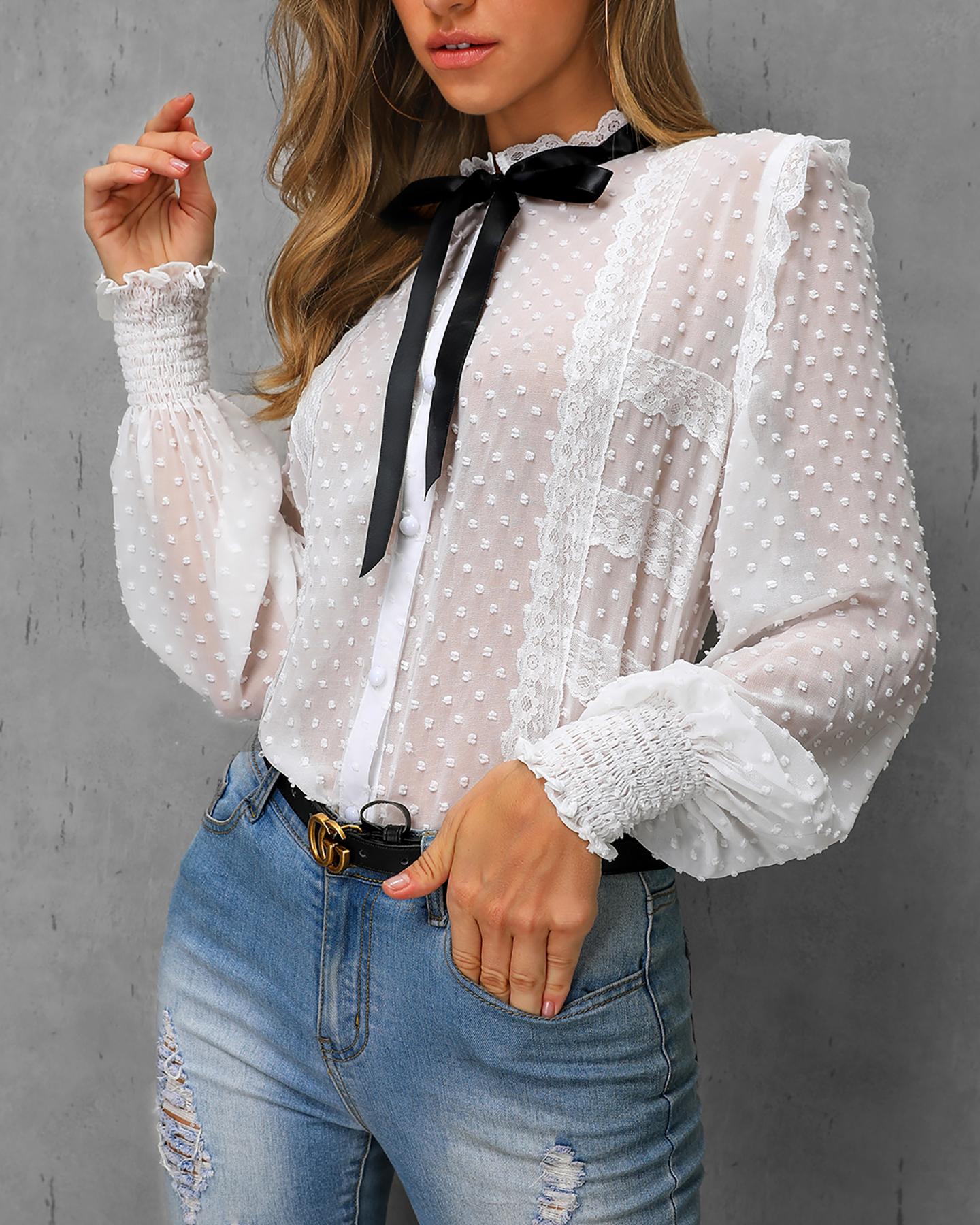 

Contrast Tied Neck Lace Casual Shirt, White