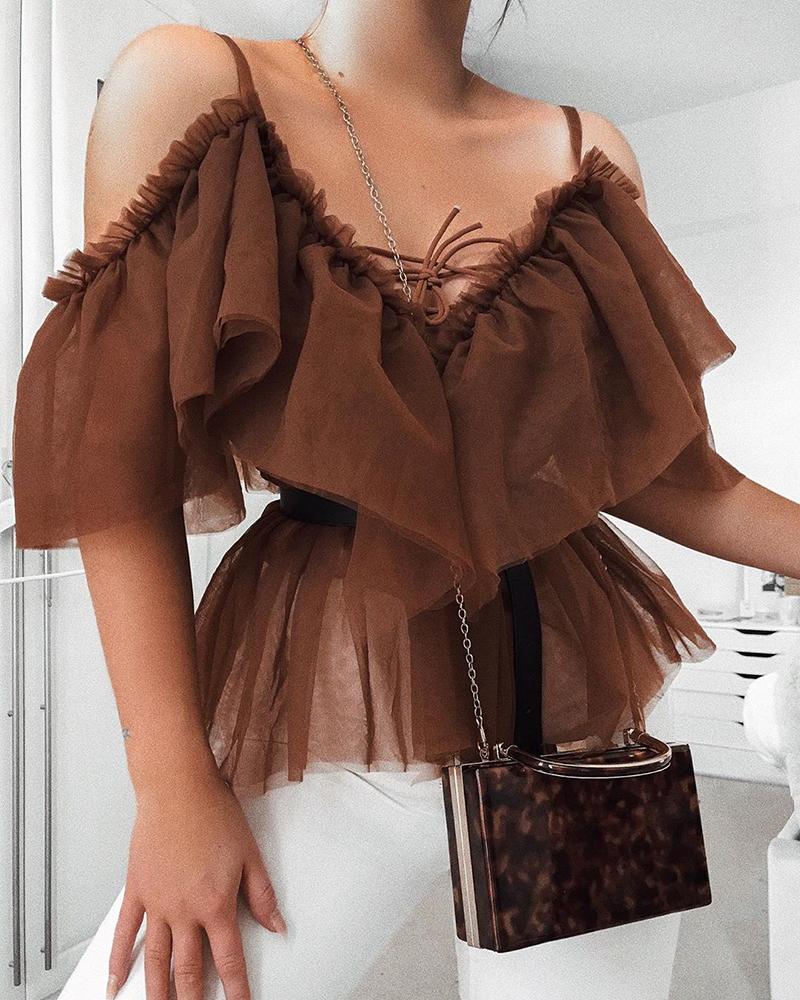 

Cold Shoulder Layered Mesh Blouse, Coffee