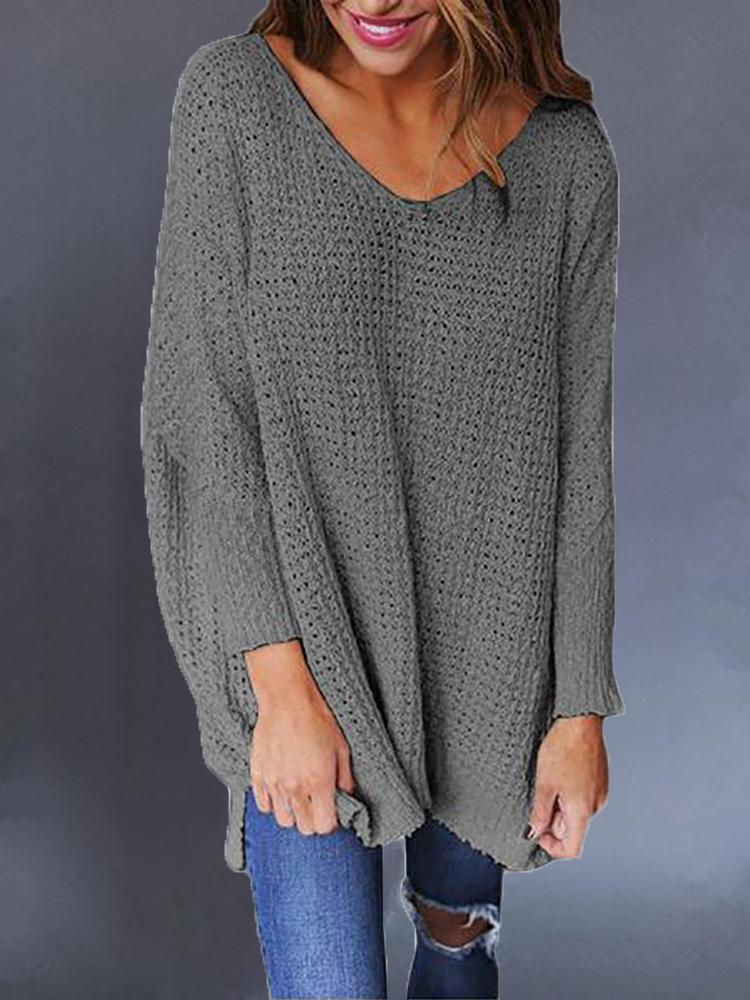 

Solid V-Neck Hollow Out Casual Sweater