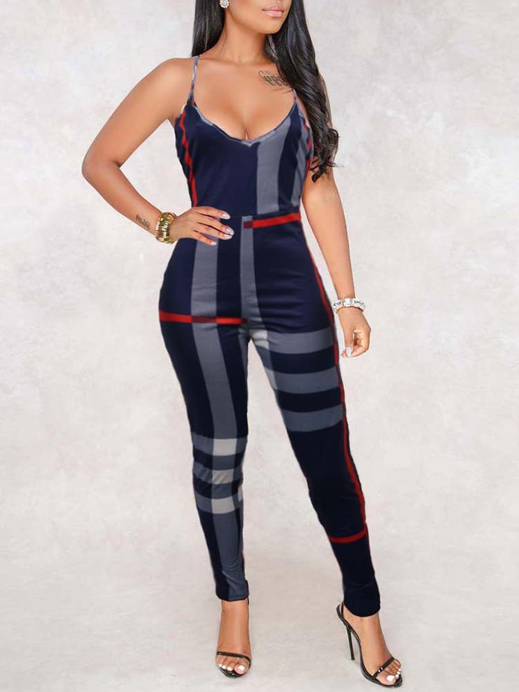 

Plaid Spaghetti Strap Petite Jumpsuit, Dark blue