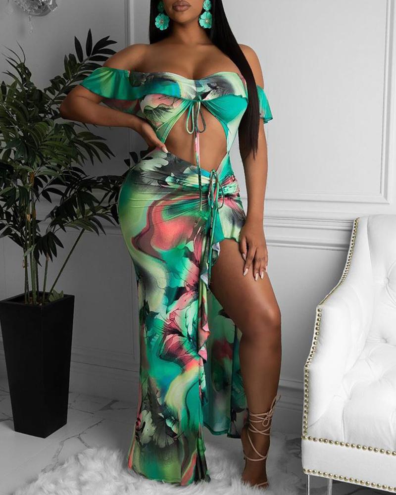 

Tie Dye Floral Print High Slit Ruffles Maxi Dress, Green