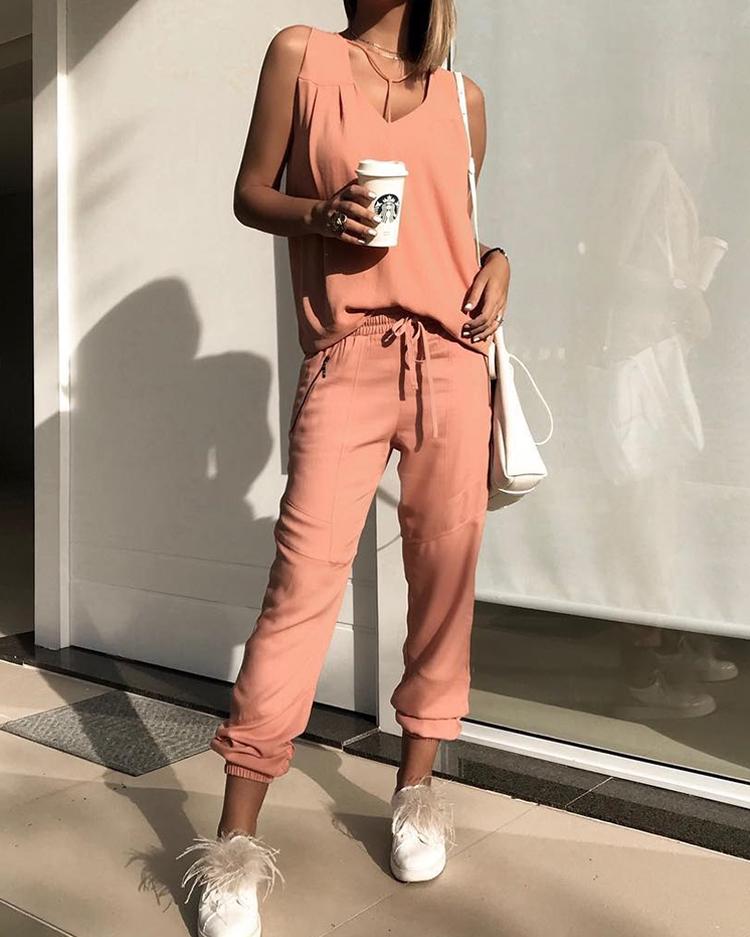 

V-Neck Tank Top With Drawstring Pants Sets, Pink