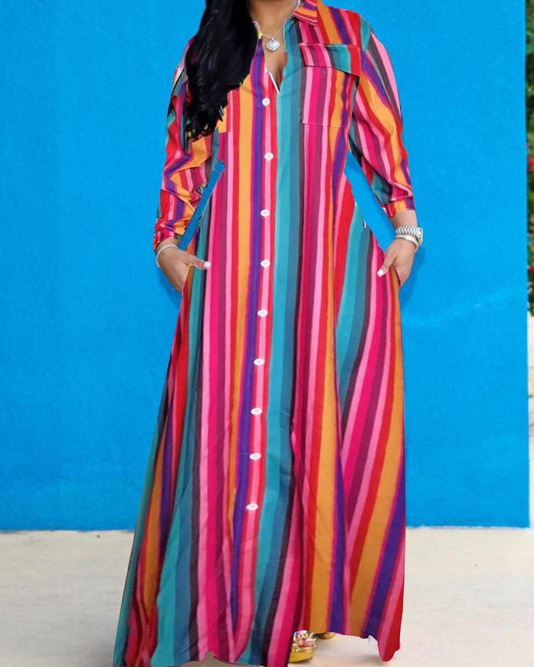 

Colorful Striped Long Sleeve Shirt Dress, Multicolor