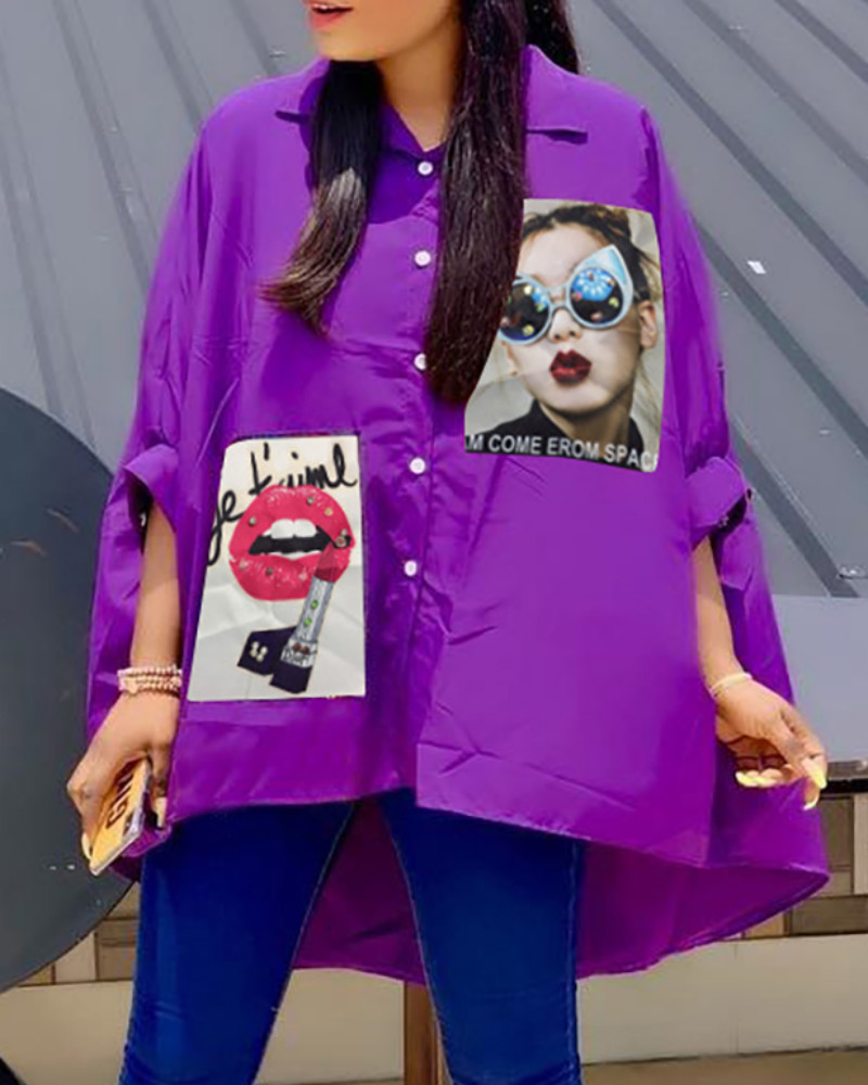 

Print Patch Design Dip Hem Shirt, Purple