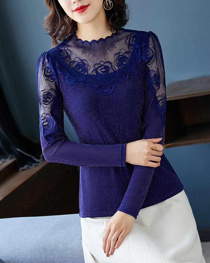 

Solid Embroidery Long Sleeve Mesh Patchwork Skinny T-shirts, Blue
