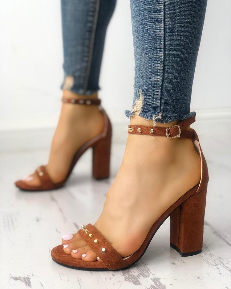 

Rivet Embellished Single Strap Chunky Sandals, Brown