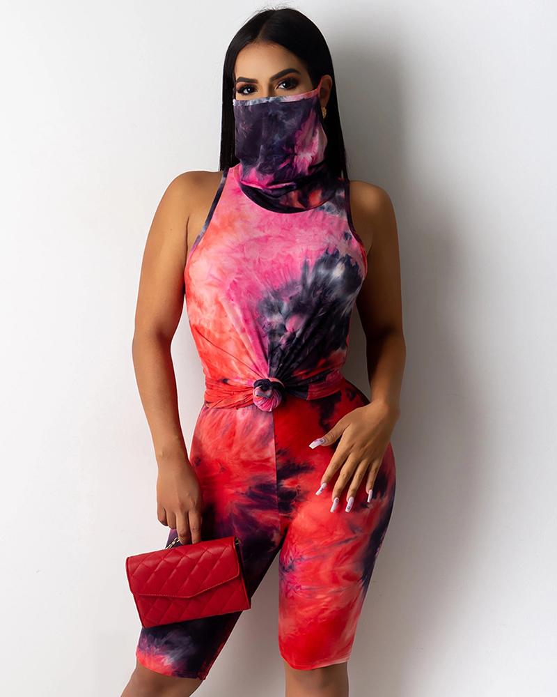 

Tie Dye Print Sleeveless Top With Face Bandana & Shorts Set, Red