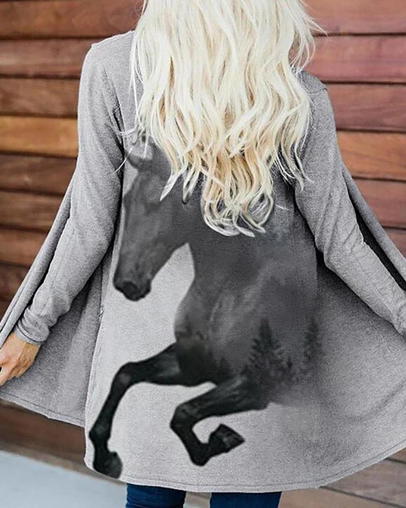 

Horse Print Long Sleeve Casual Cardigan, Gray