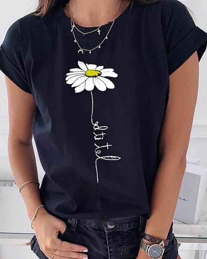 

Daisy Print Short Sleeve Casual T-shirt, Black