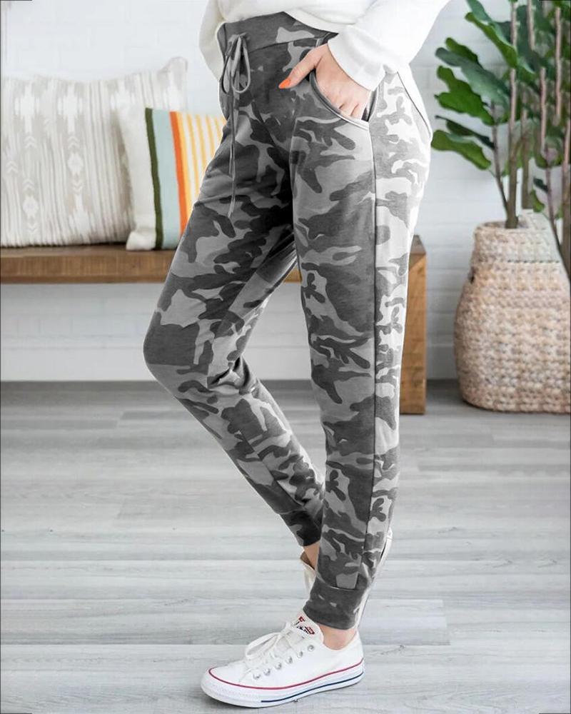 

Leopard Print Drawstring Casual Pants, Gray