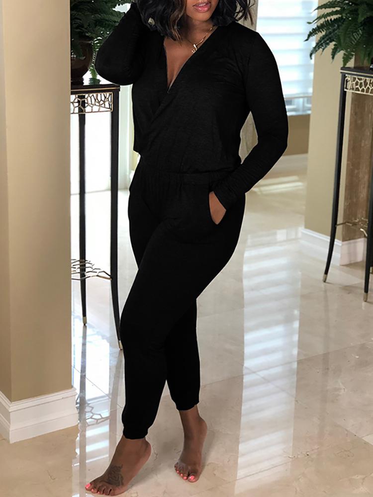 

Solid Deep V Wrapped Long Sleeve Jumpsuit, Black