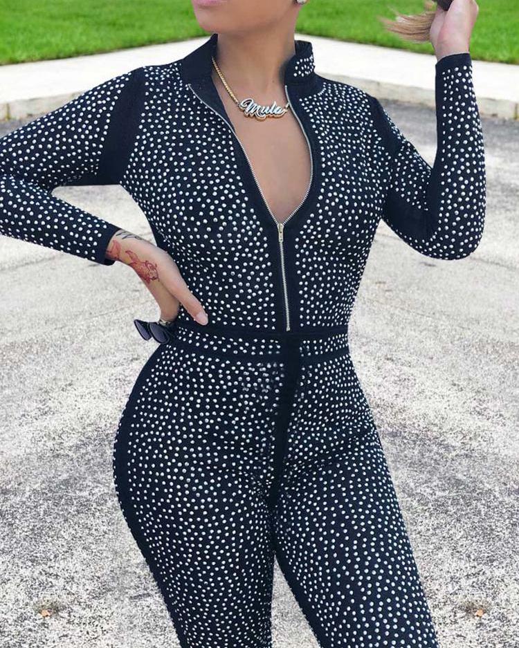 

Shiny Hot Drilling Zipper Up Petite Jumpsuit
