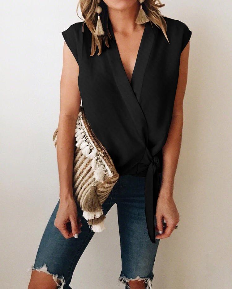 

Solid Color Tie Waist Wrap Blouse, Black