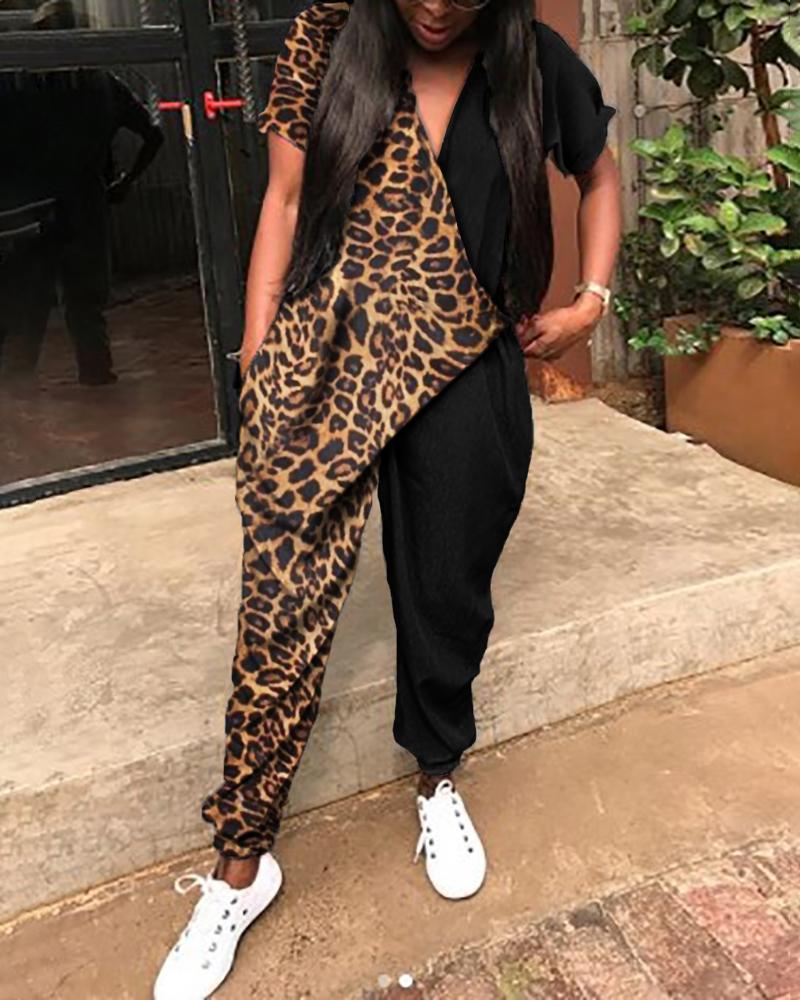 

V Neck Colorblock Insert Leopard Print Jumpsuit