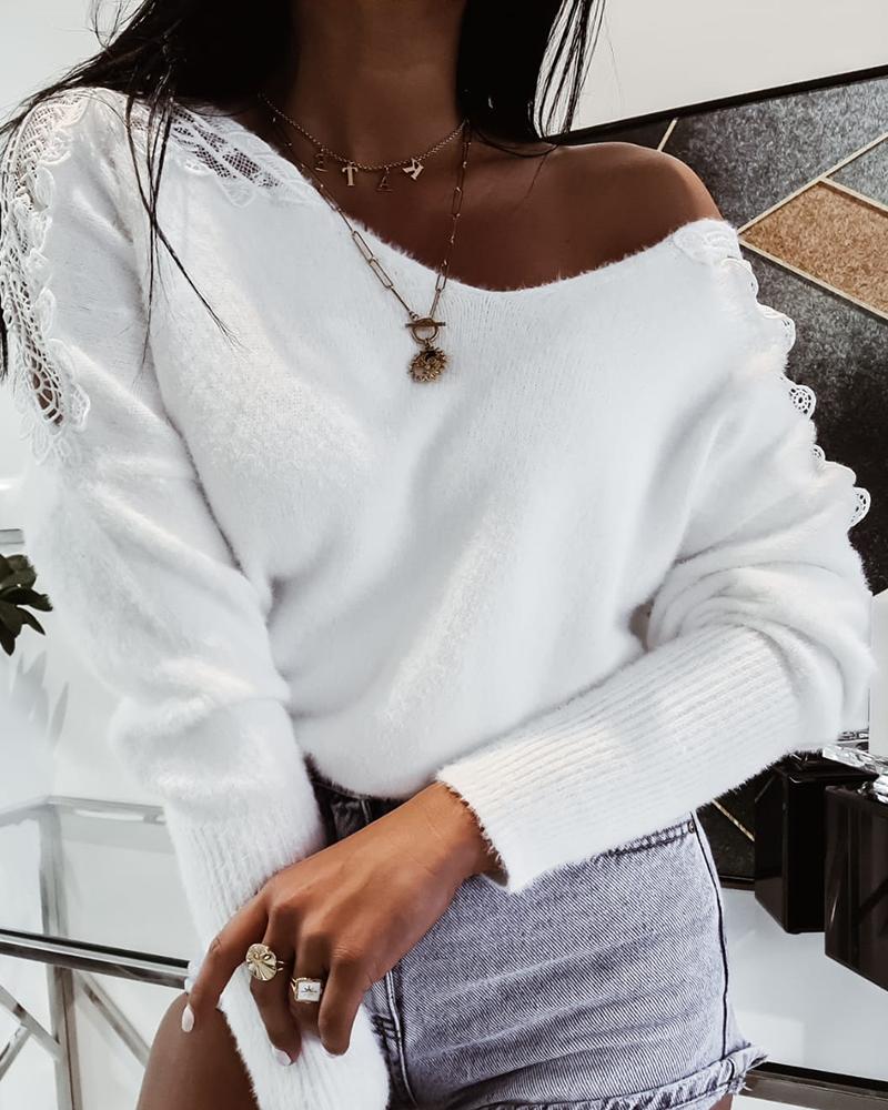 

Contrast Lace Fluffy Casual Knit Sweater, White