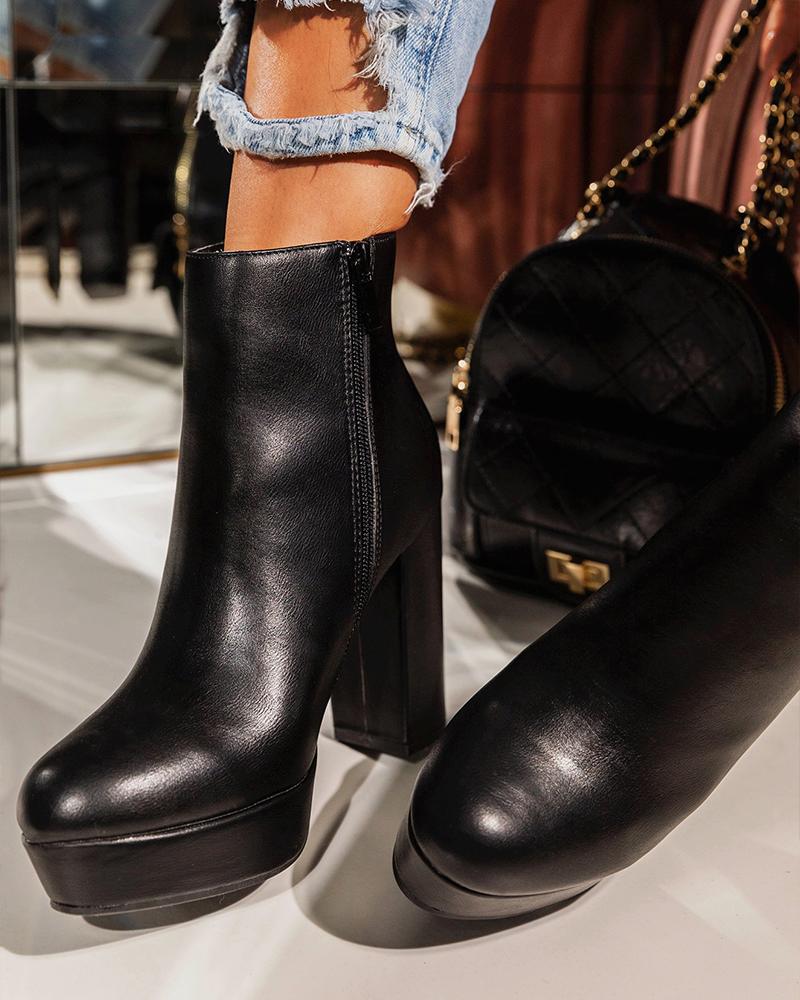 

Snakeskin Round-toe Block Ankle Boots, Black