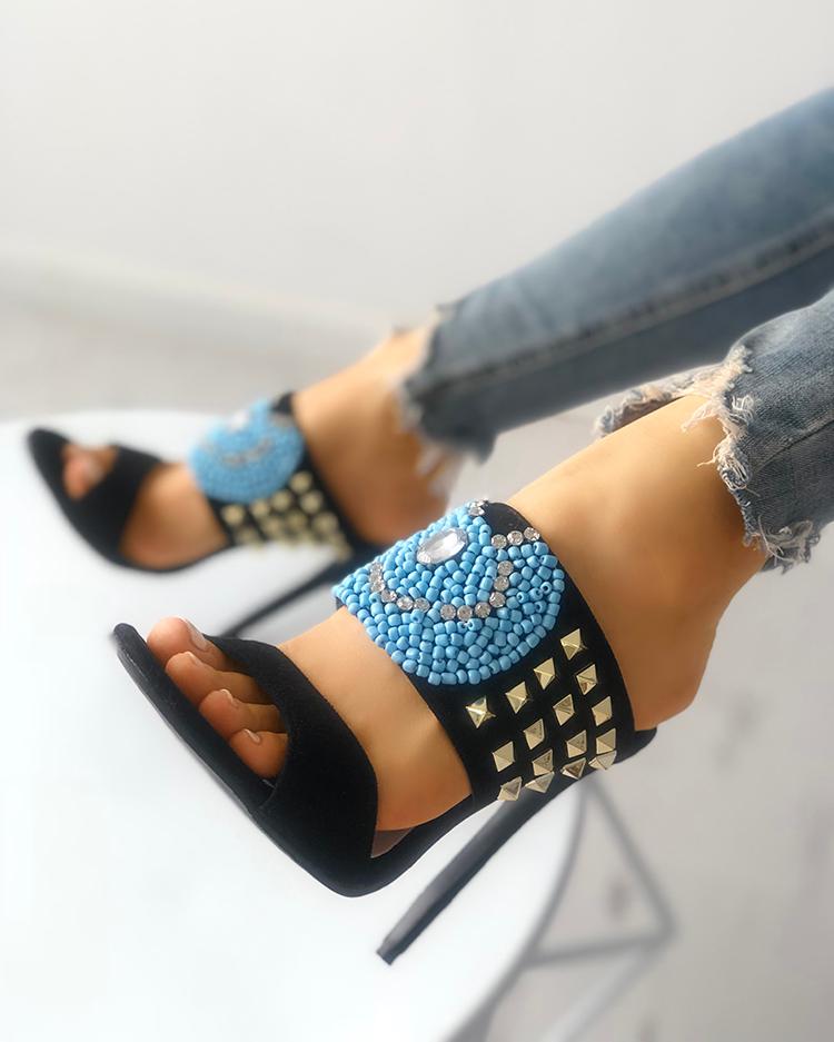 

Rivet Shiny Embellished Open Toe Heels Sandals, Black