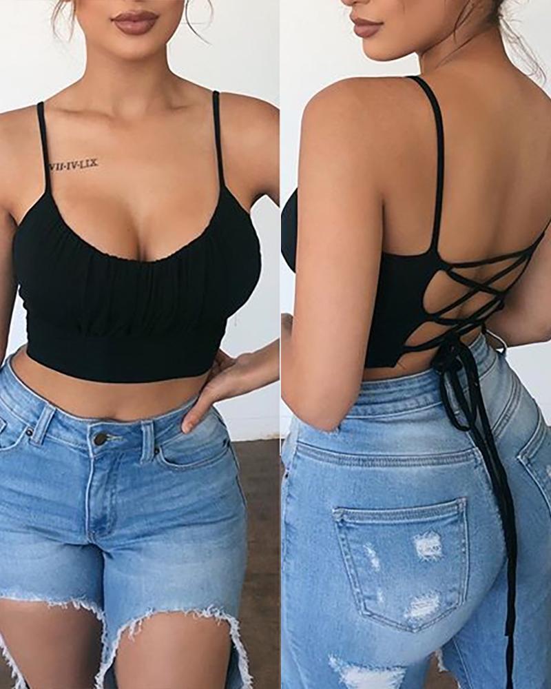 

Solid Bandage Backless Ruched Top, Black