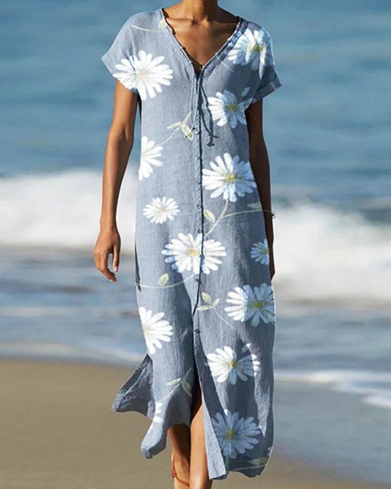 

Daisy Print V-neck Slit Casual Dress, Blue