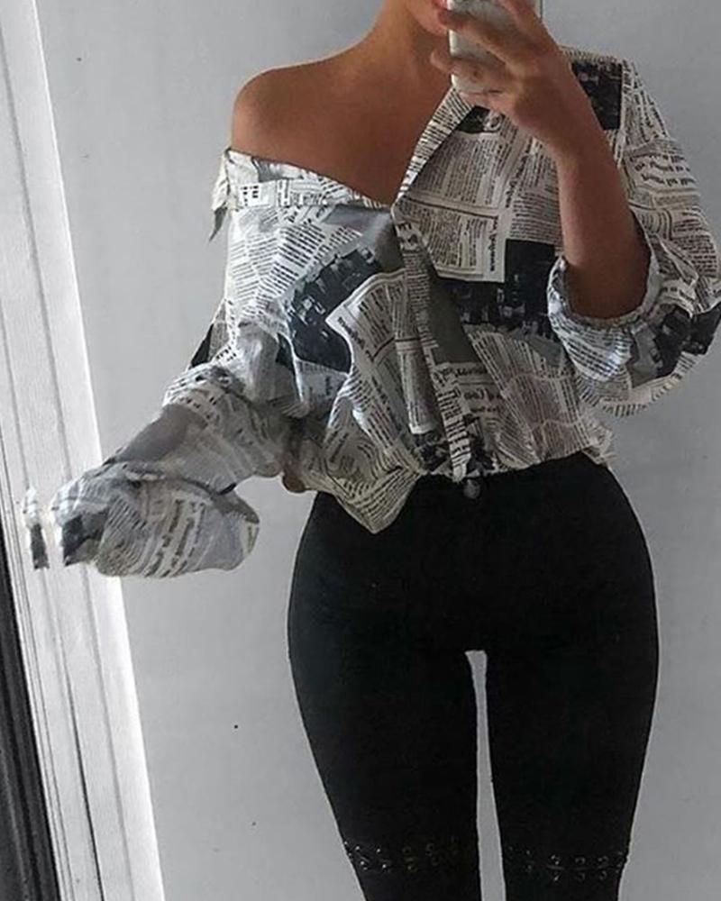 

Newspaper Print Long Sleeve Top, White