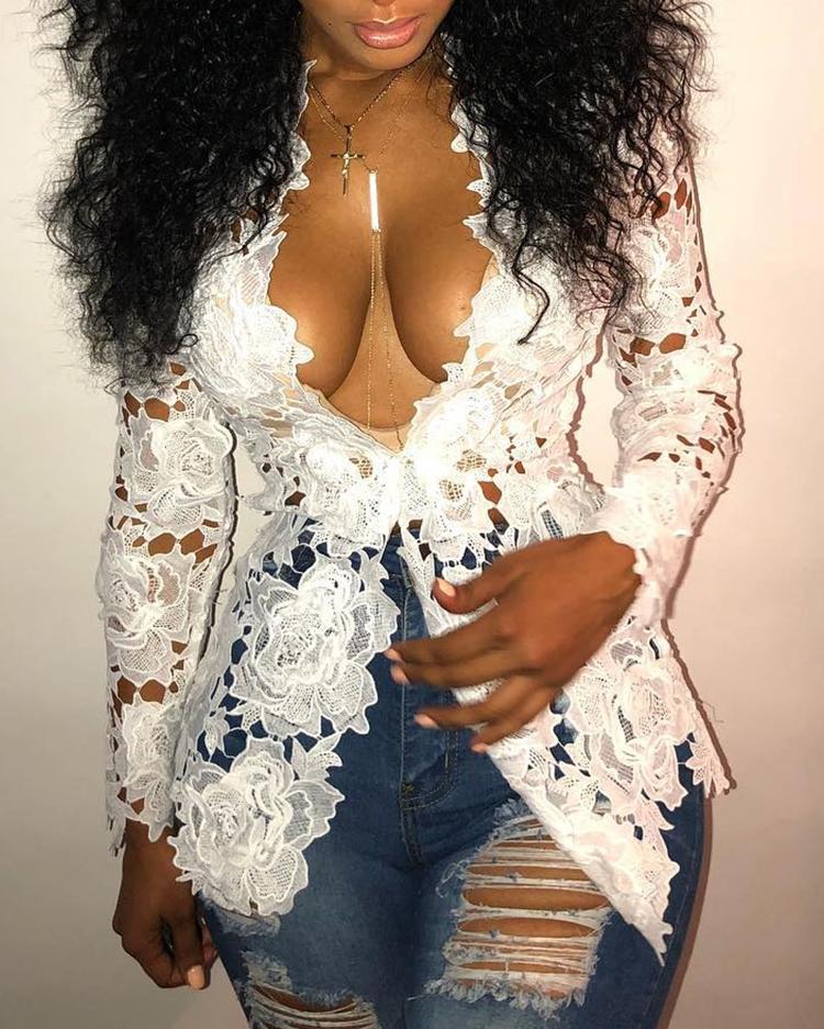 

Low Cut Lace Crochet Slinky Top