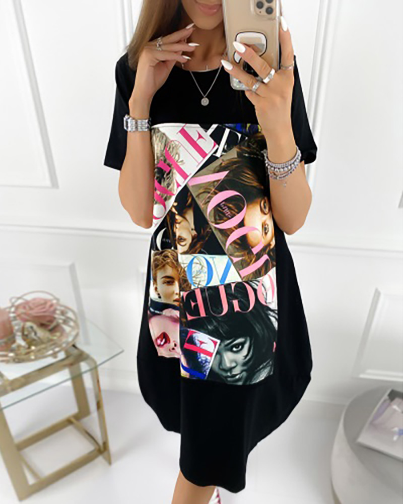 

Round Neck Print Short Sleeve Casual Dress, Black