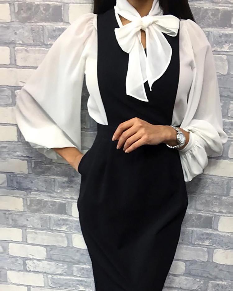

Lantern Sleeve Tied Neck Chiffon Shirt, White