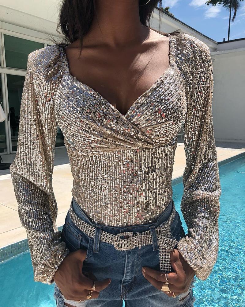 

Glitter Long Sleeve Ruched Sequins Blouse, Silver