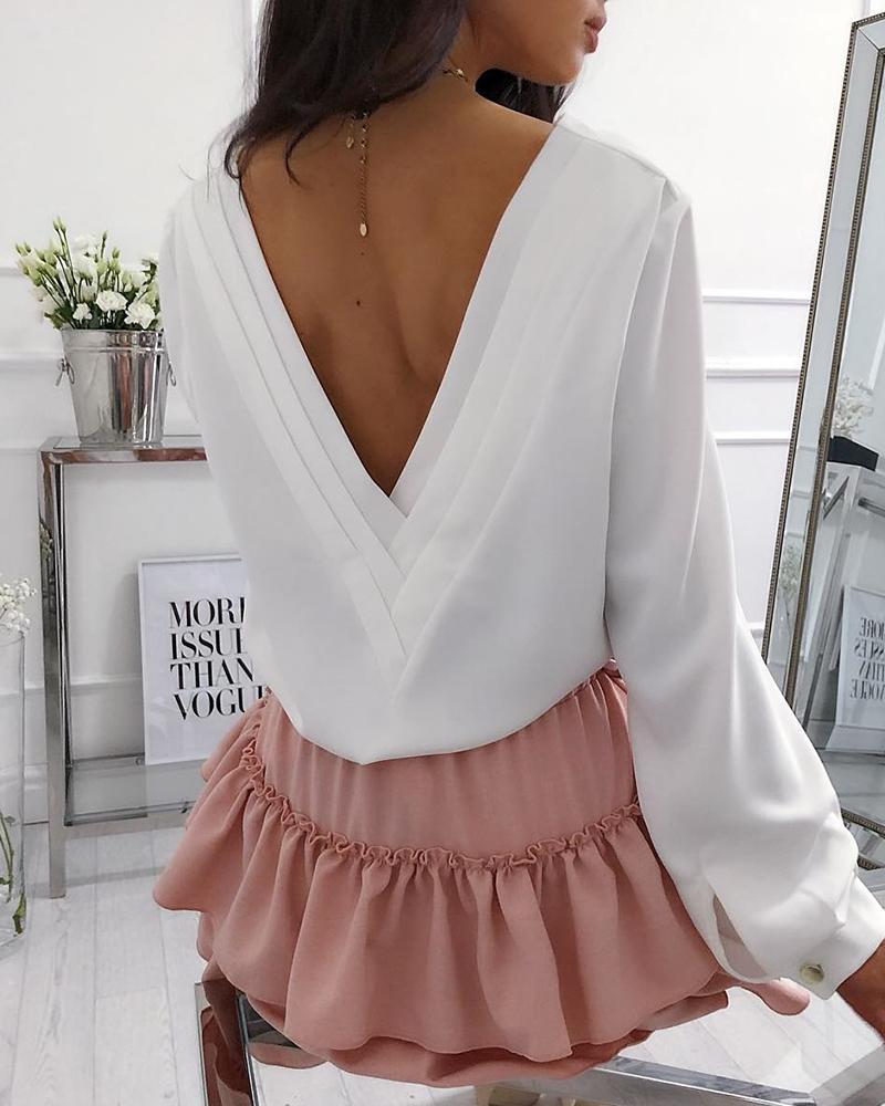 

Layered Plunge Back Casual Blouse, White