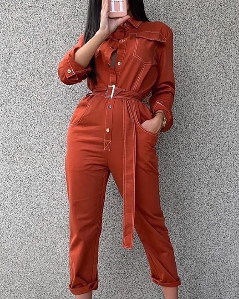 

Turn-down Collar Pocket Buttoned Cargo Jumpsuit, Brown