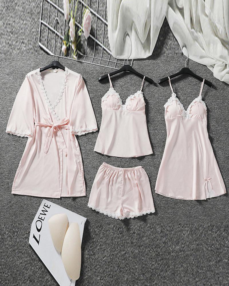 

5Pcs Satin Pajama Set, Pink