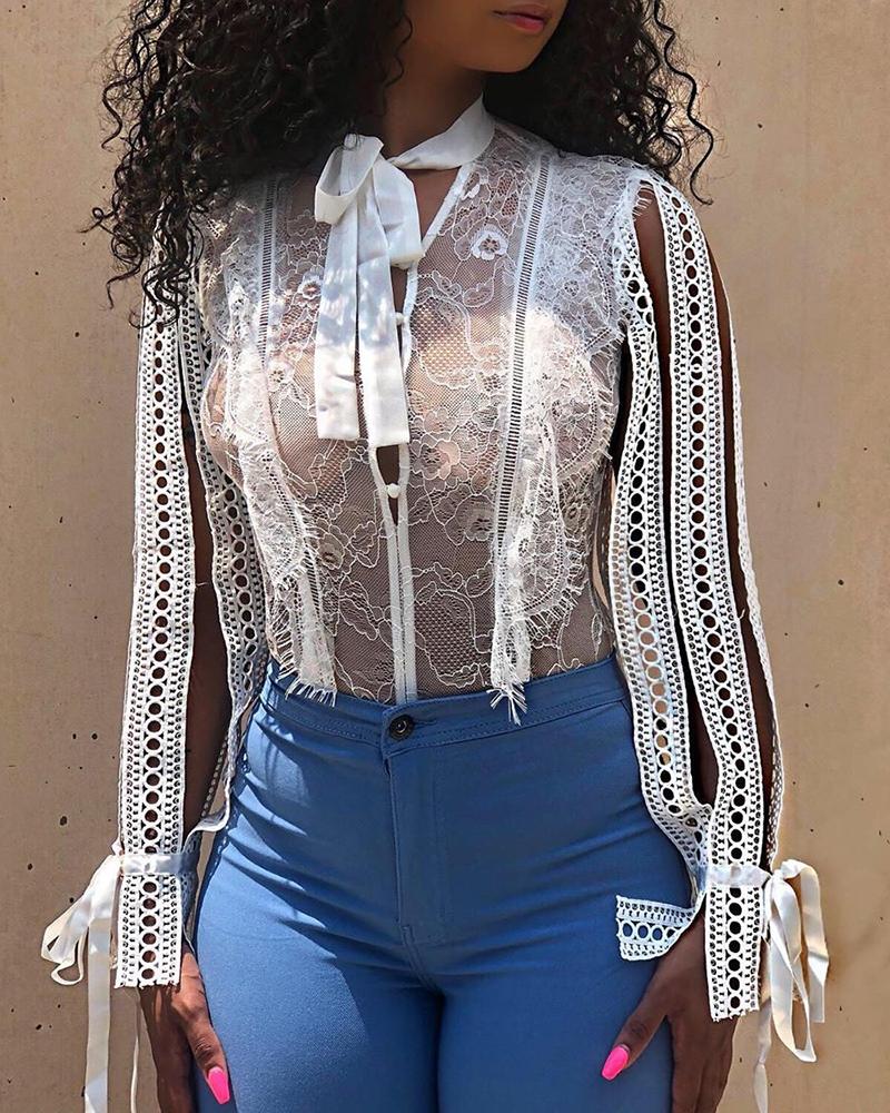 

Tied Neck Hollow Out See Through Lace Slit Blouse, White