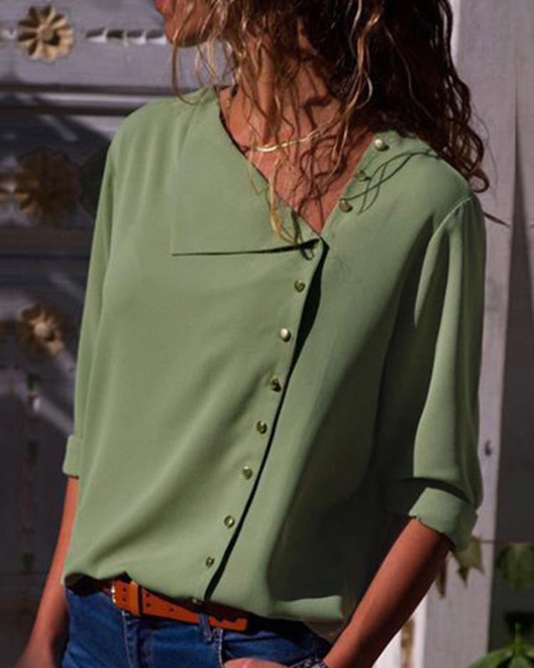 

Solid Button Embellished Casual Blouse, Green