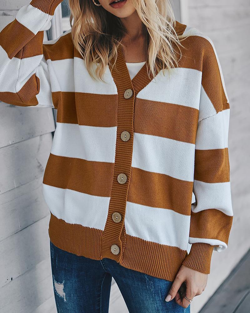

Colorblock Button Design Casual Top, Brown