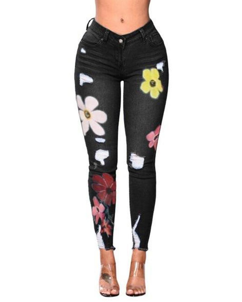 

Floral Distressed Slim Leg Jeans, Black