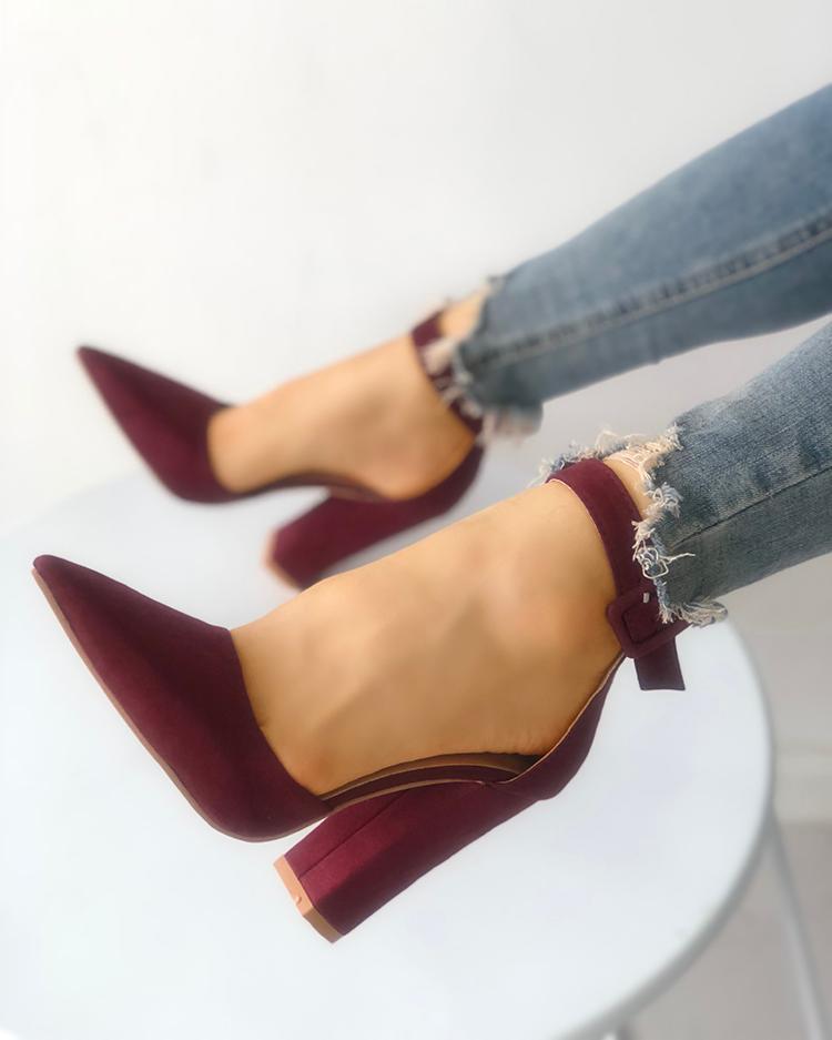 

Solid Suede Pointed Toe Buckled Chunky Heels, Wine red